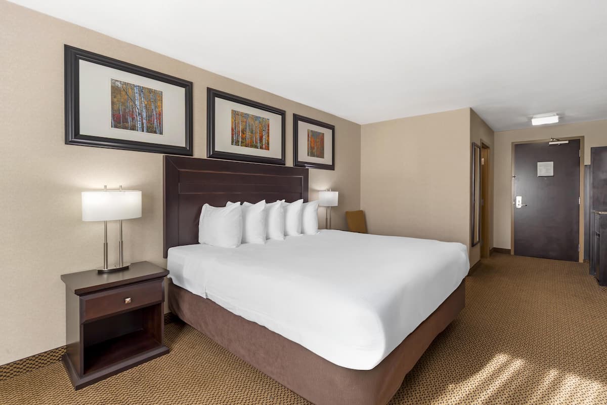 Une chambre d’hôtel avec un grand lit, deux tables de chevet et trois tableaux encadrés au mur.
