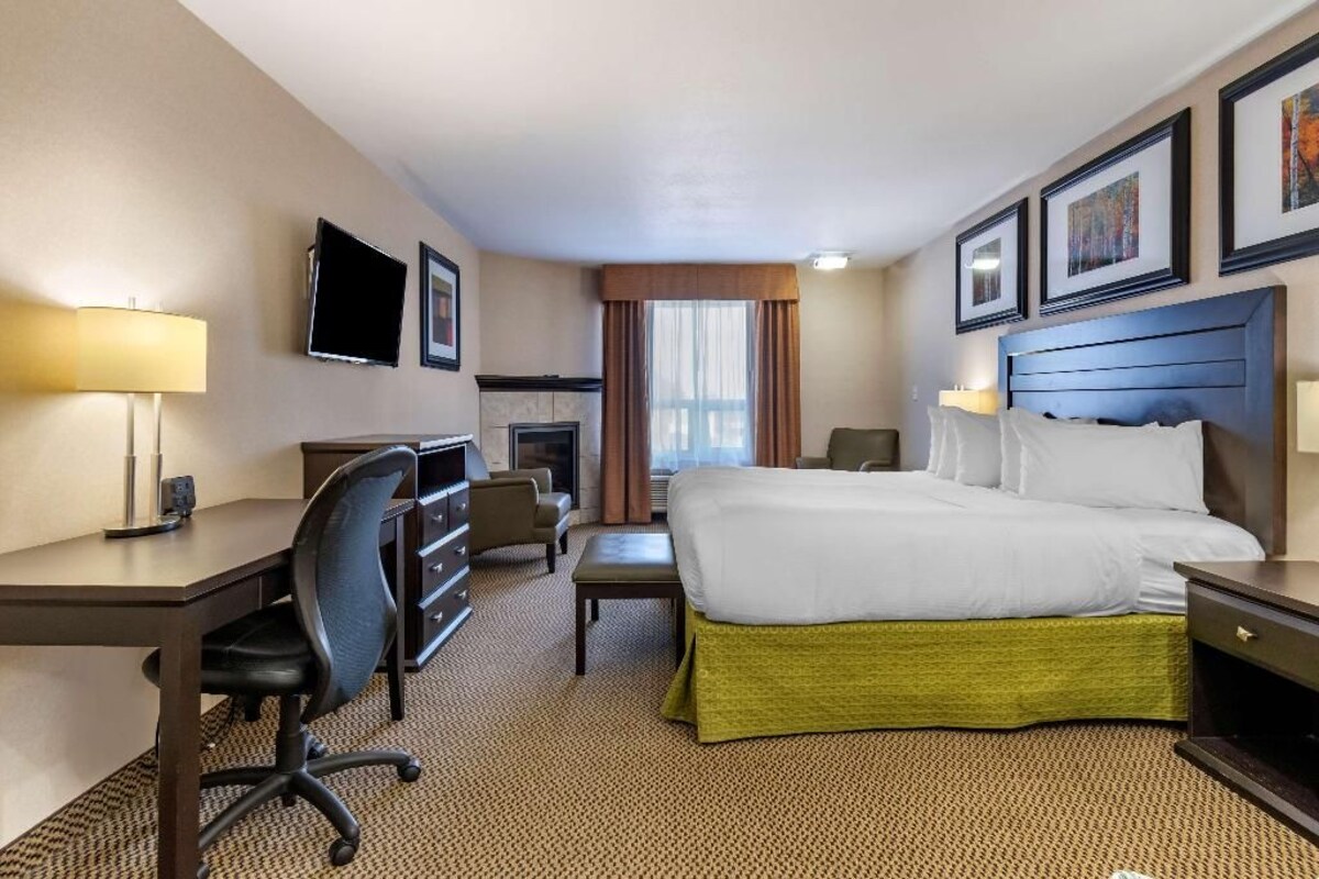 Habitación de hotel con cama, escritorio, silla, televisor y cuadros en la pared.