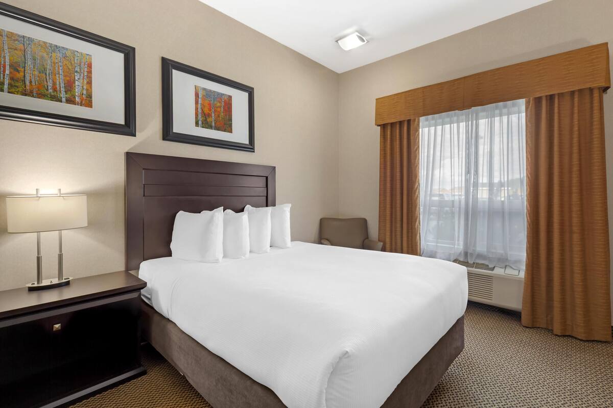 Une chambre d’hôtel avec un grand lit, une table de chevet avec une lampe, une chaise et une fenêtre avec des rideaux.