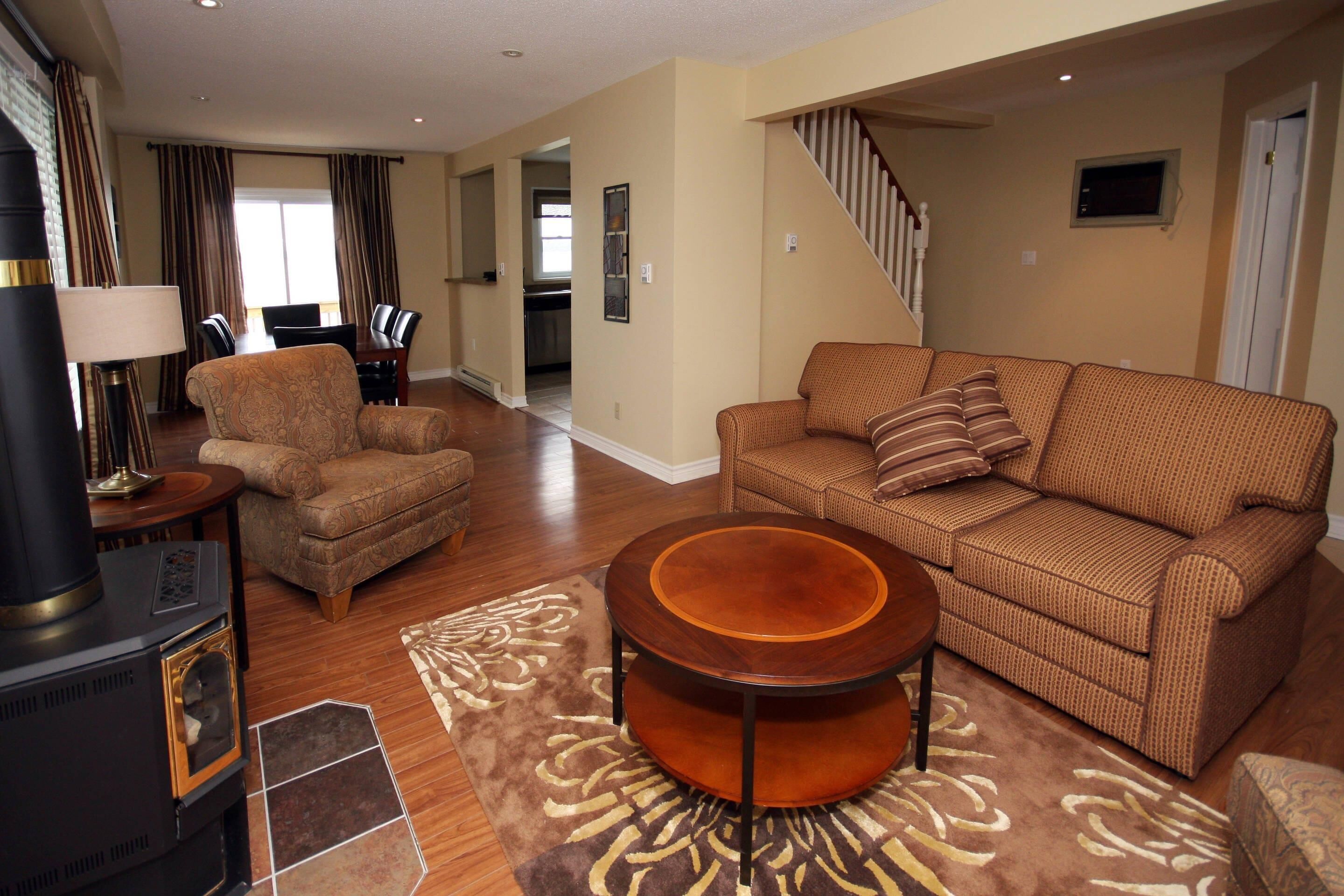 desk, laptop workspace, blackout curtains, iron/ironing board