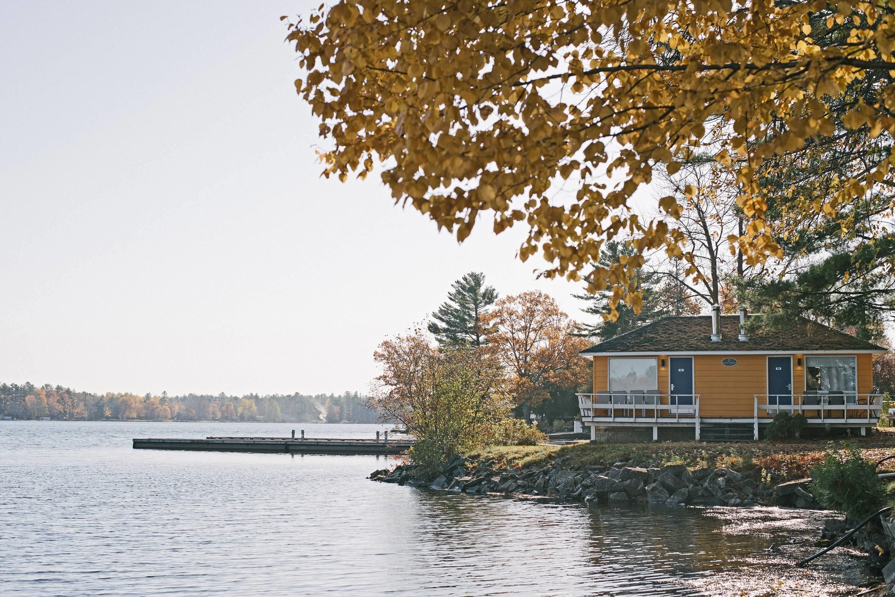 A lakeside cabin with a dock extending into the water, surrounded by autumn foliage.