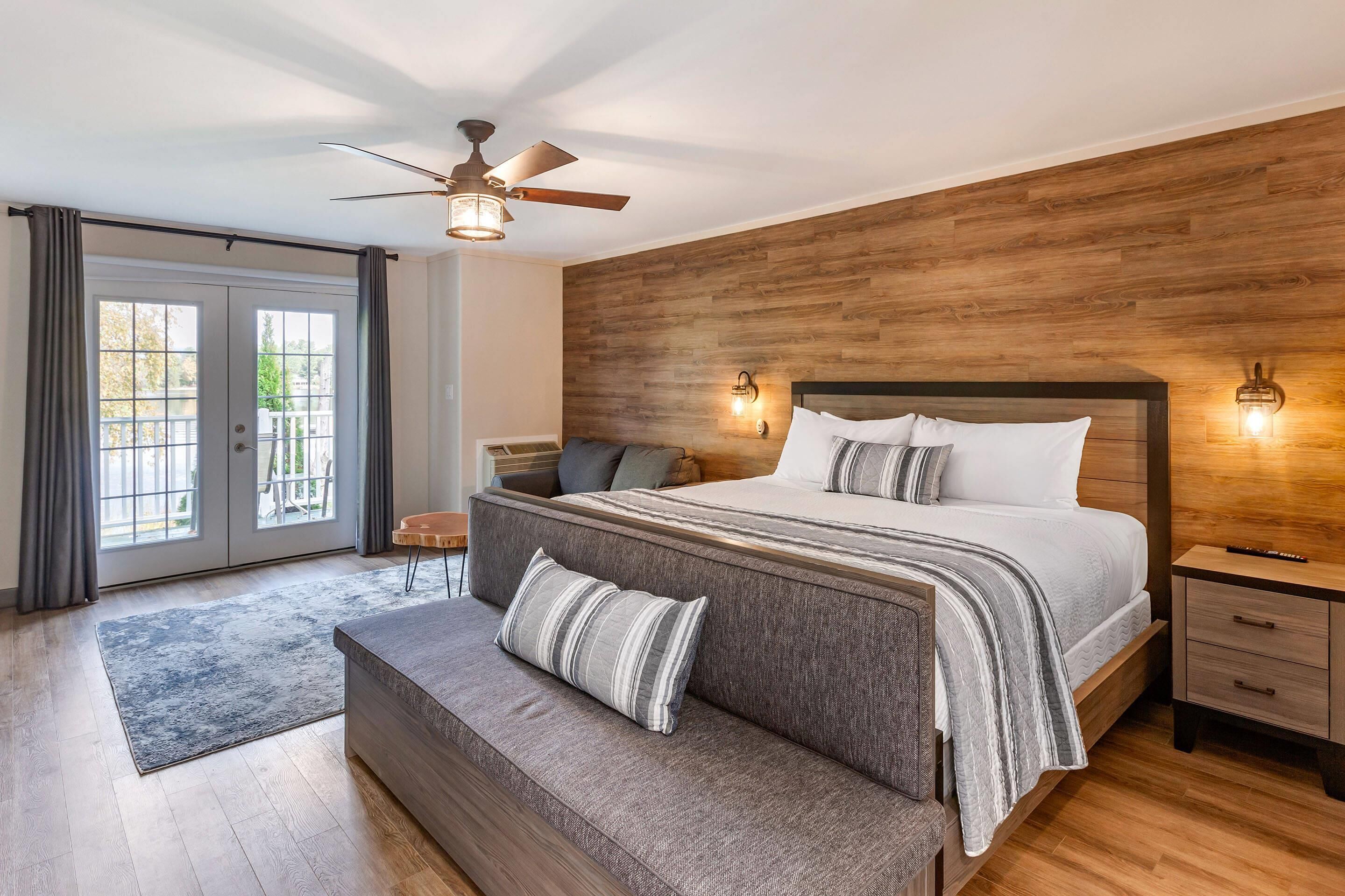 Desk, laptop workspace, blackout drapes, iron/ironing board