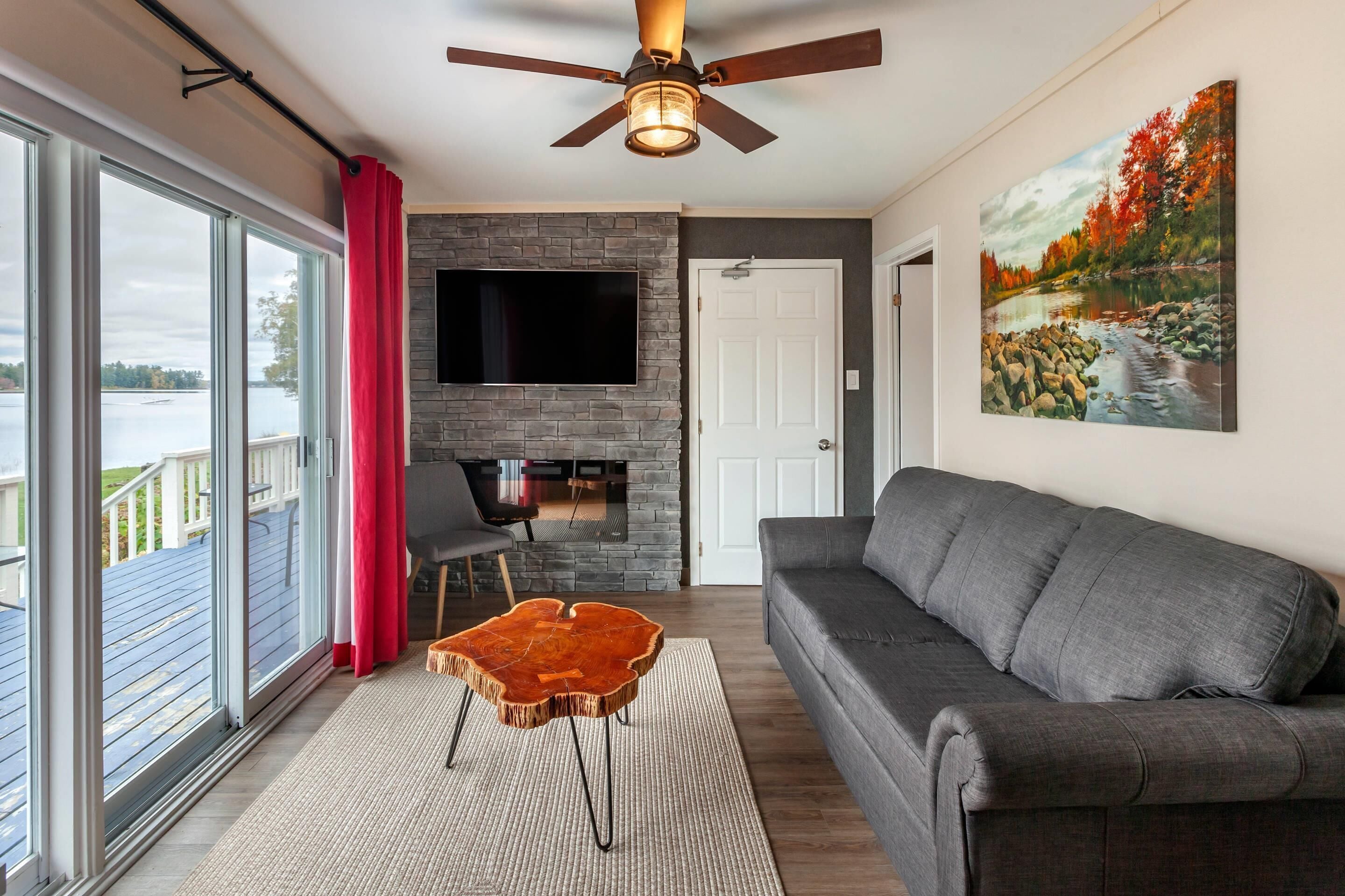 desk, laptop workspace, blackout curtains, iron/ironing board