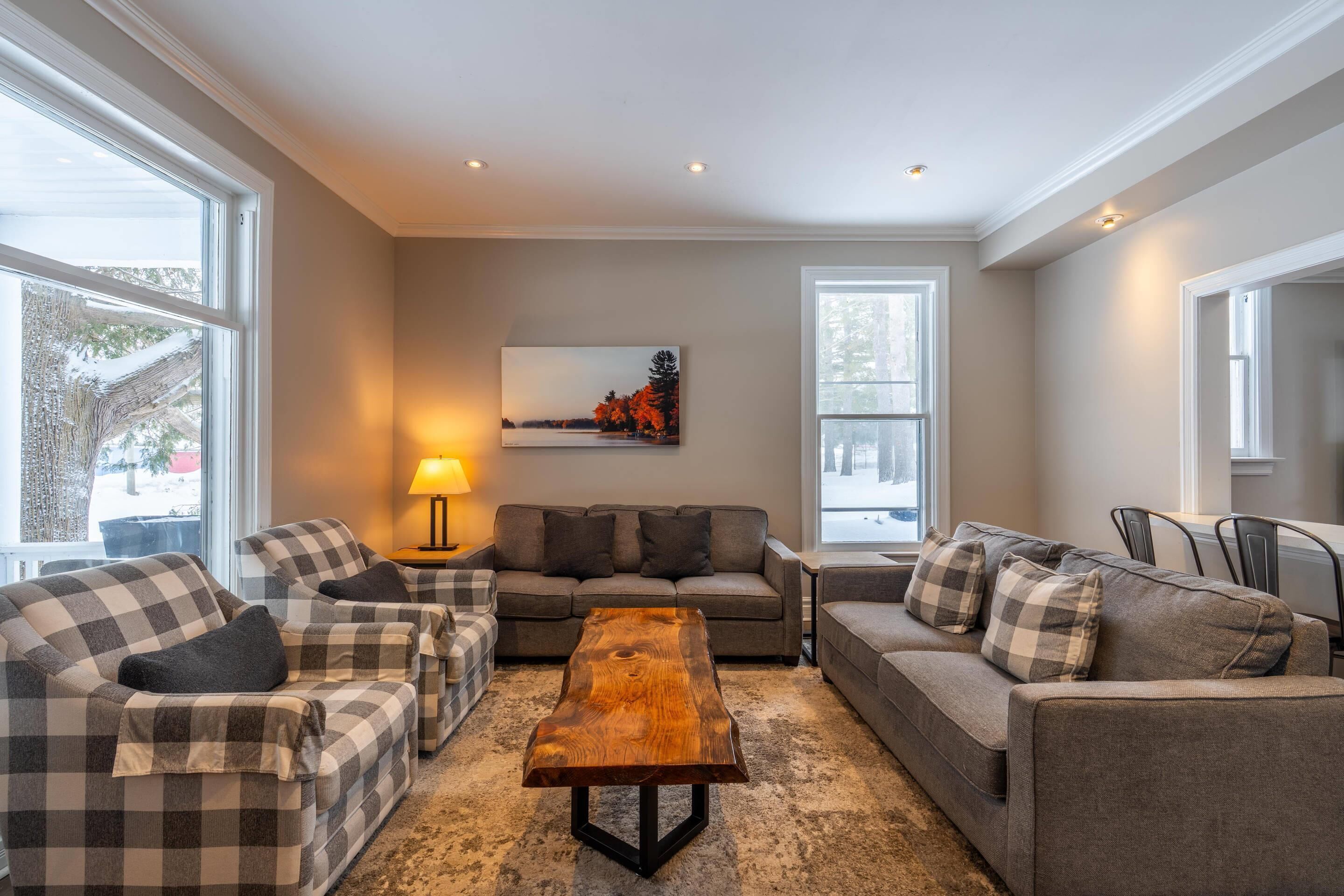 Desk, laptop workspace, blackout drapes, iron/ironing board