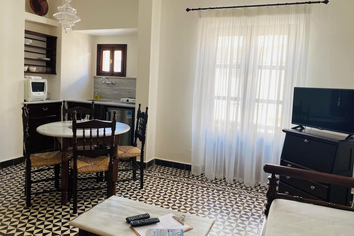 A living room with a TV, a dining area with chairs, a kitchen with a microwave, and a patterned floor.