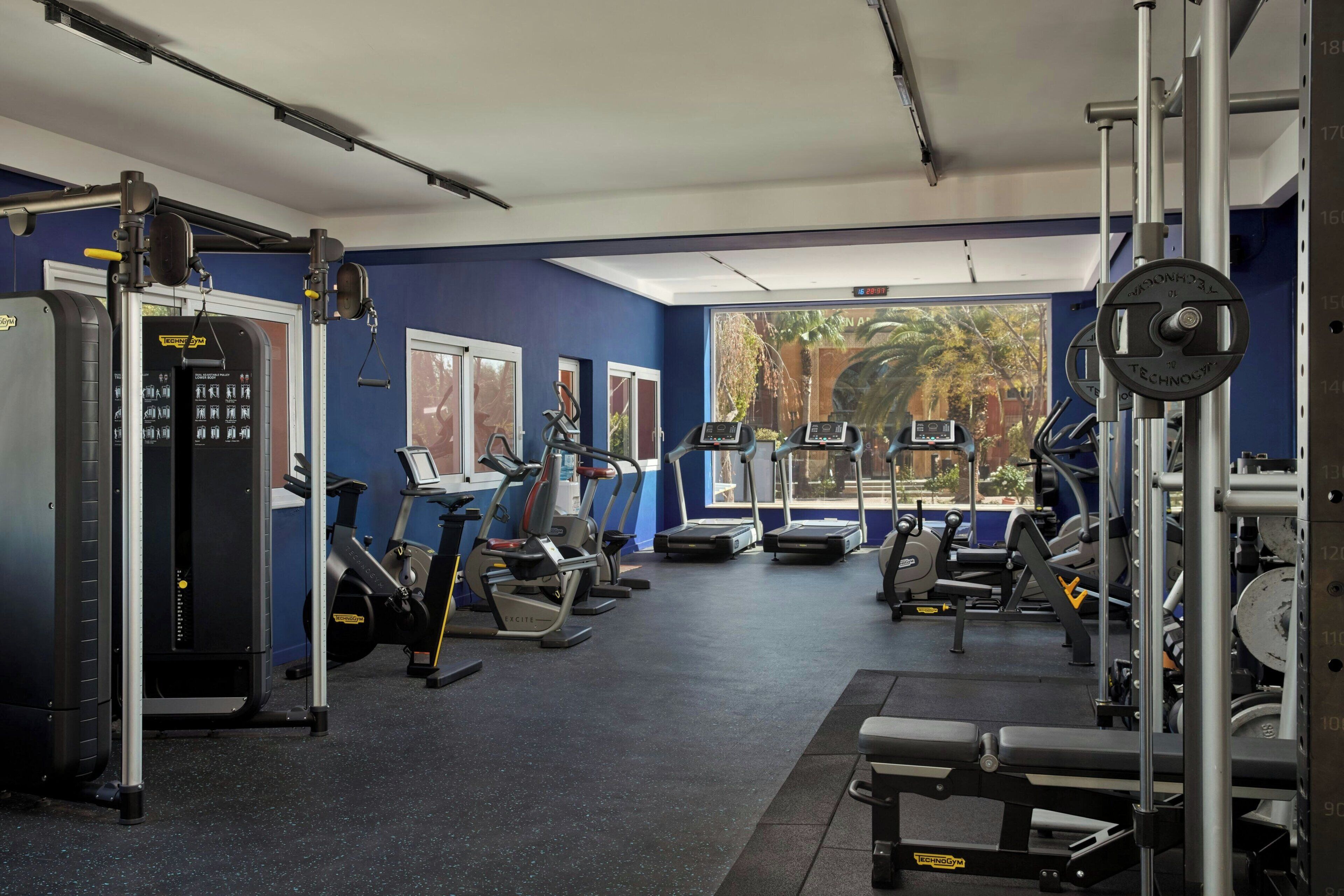 Un gimnasio con diverso equipo de ejercicio, incluyendo cintas de correr y máquinas de pesas, y vistas a árboles.