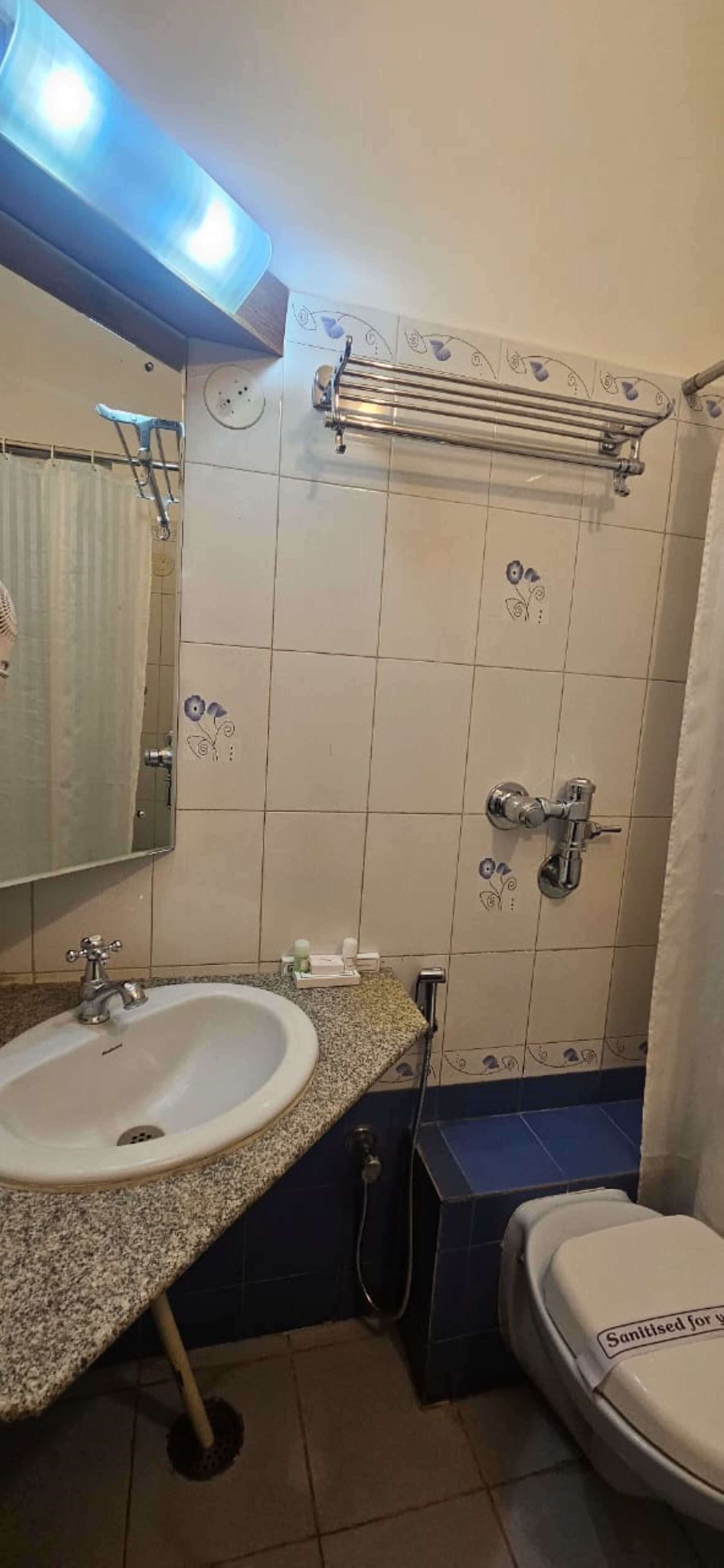 A bathroom with a sink, mirror, shower, and toilet.