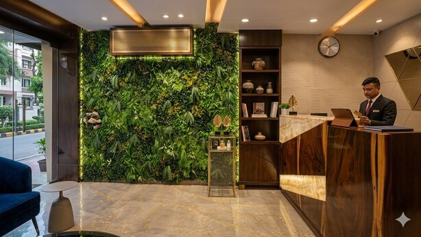 A reception area with a green wall, a clock, and a reception desk. - Hotel Fortune (Mumbai)