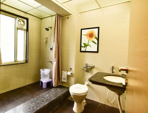 Shower, free toiletries, hair dryer, slippers