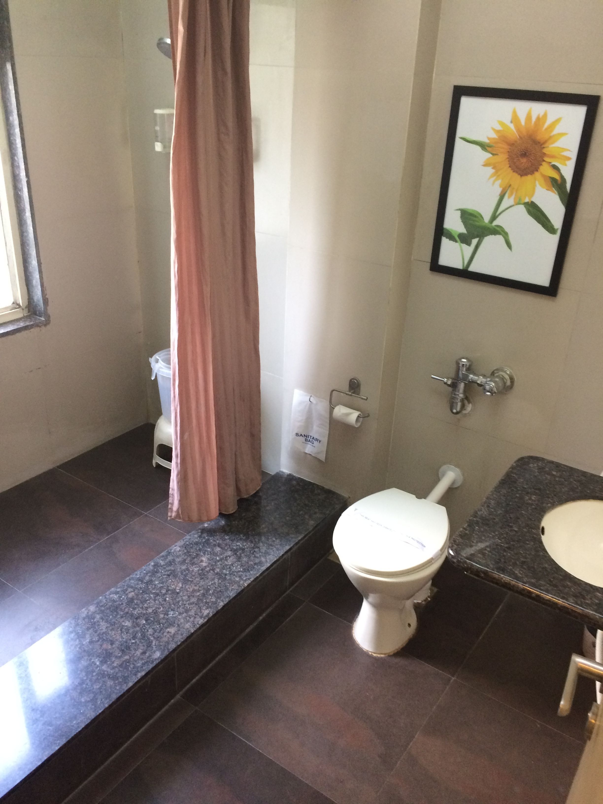 Une salle de bain avec douche, toilettes et lavabo.