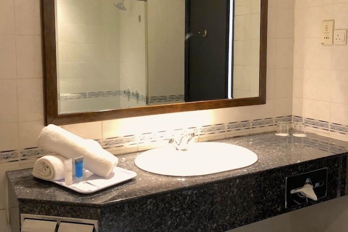 Une salle de bain avec un grand miroir, un lavabo blanc, une serviette et un porte-rouleau de papier toilette.