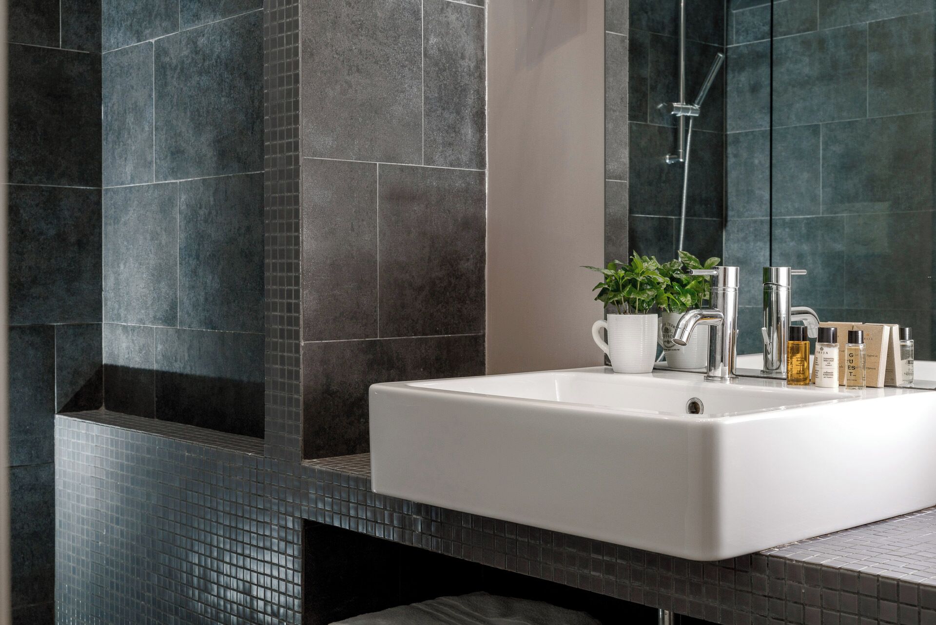 deluxe suite | bathroom | shower, hair dryer, bidet, towels