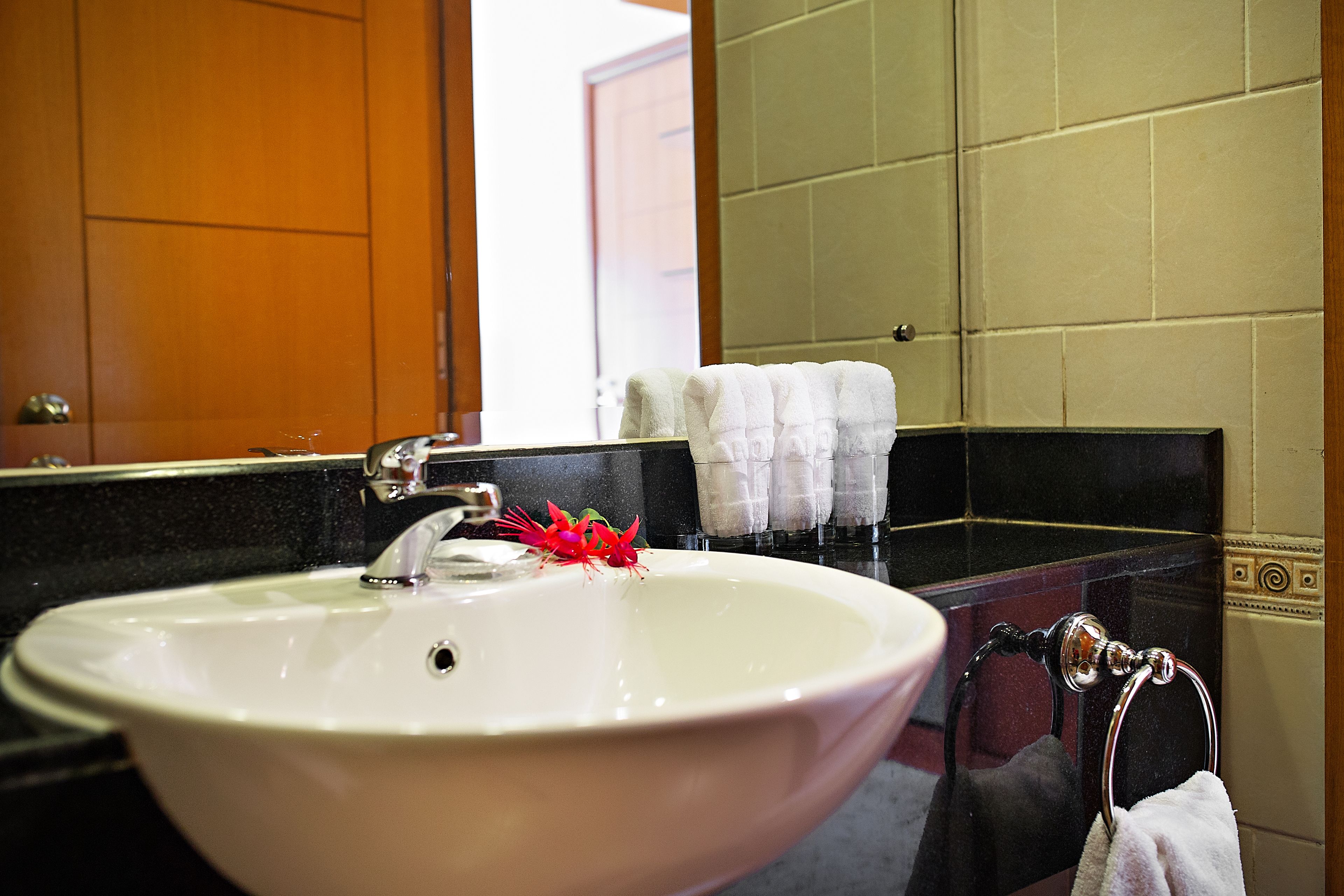 A bathroom with a white sink, a mirror, and a towel rack.