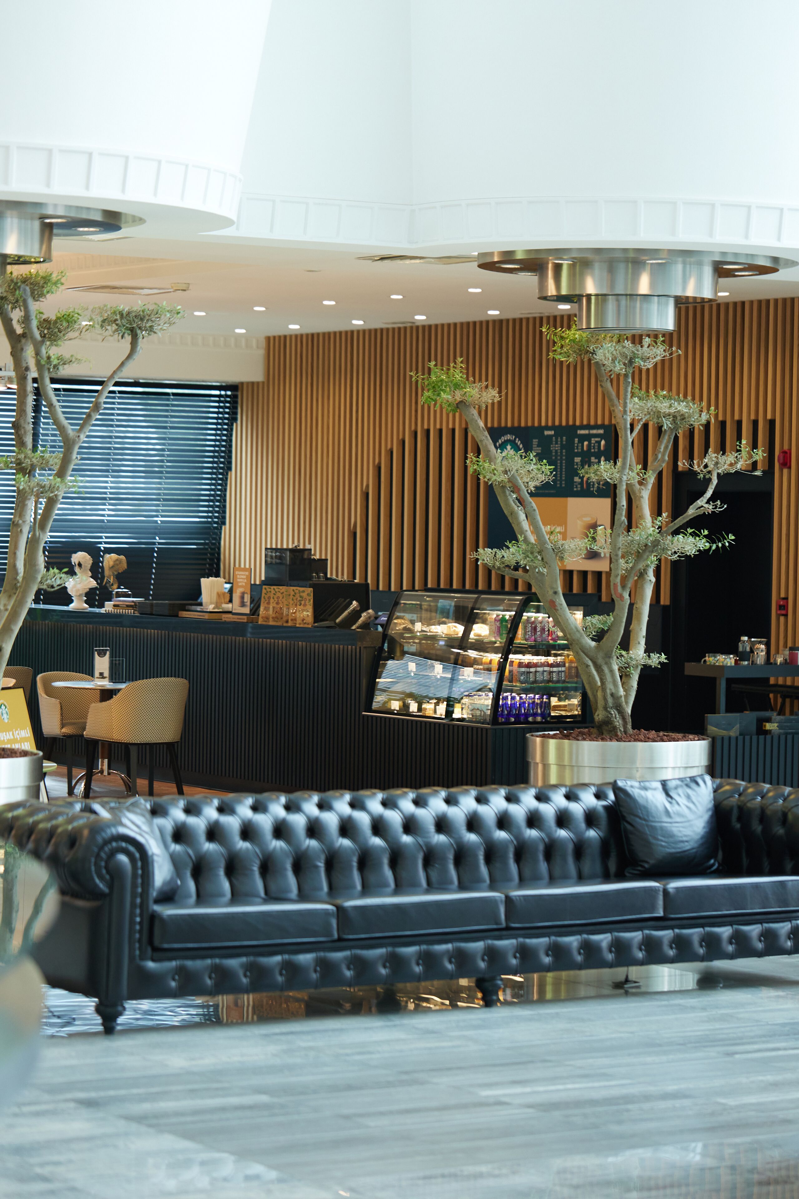 A modern hotel lobby with a reception desk, seating area, and a large potted tree.