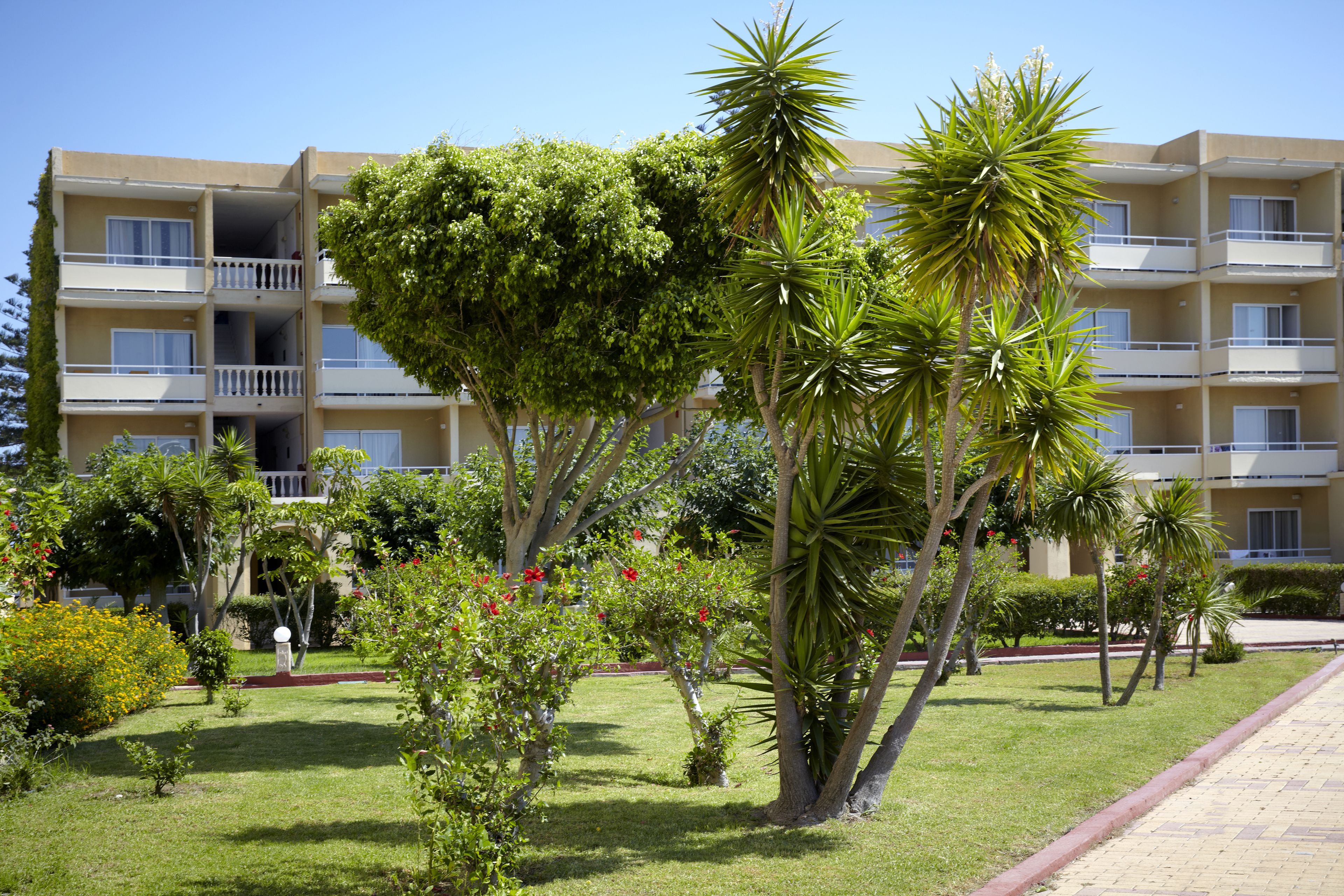 Ein mehrstöckiges Hotel mit Balkonen, umgeben von gepflegten Gärten und Palmen.