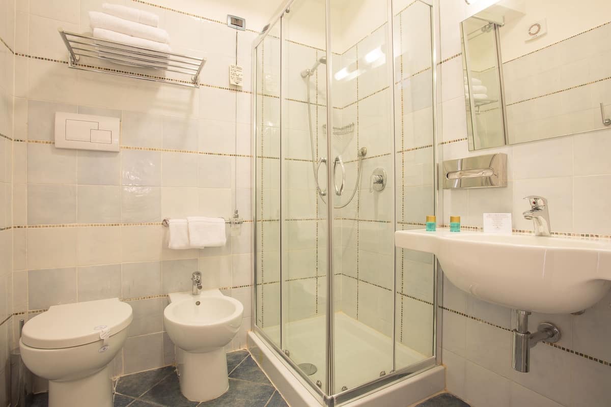standard double or twin room | bathroom | hair dryer, slippers, bidet, towels