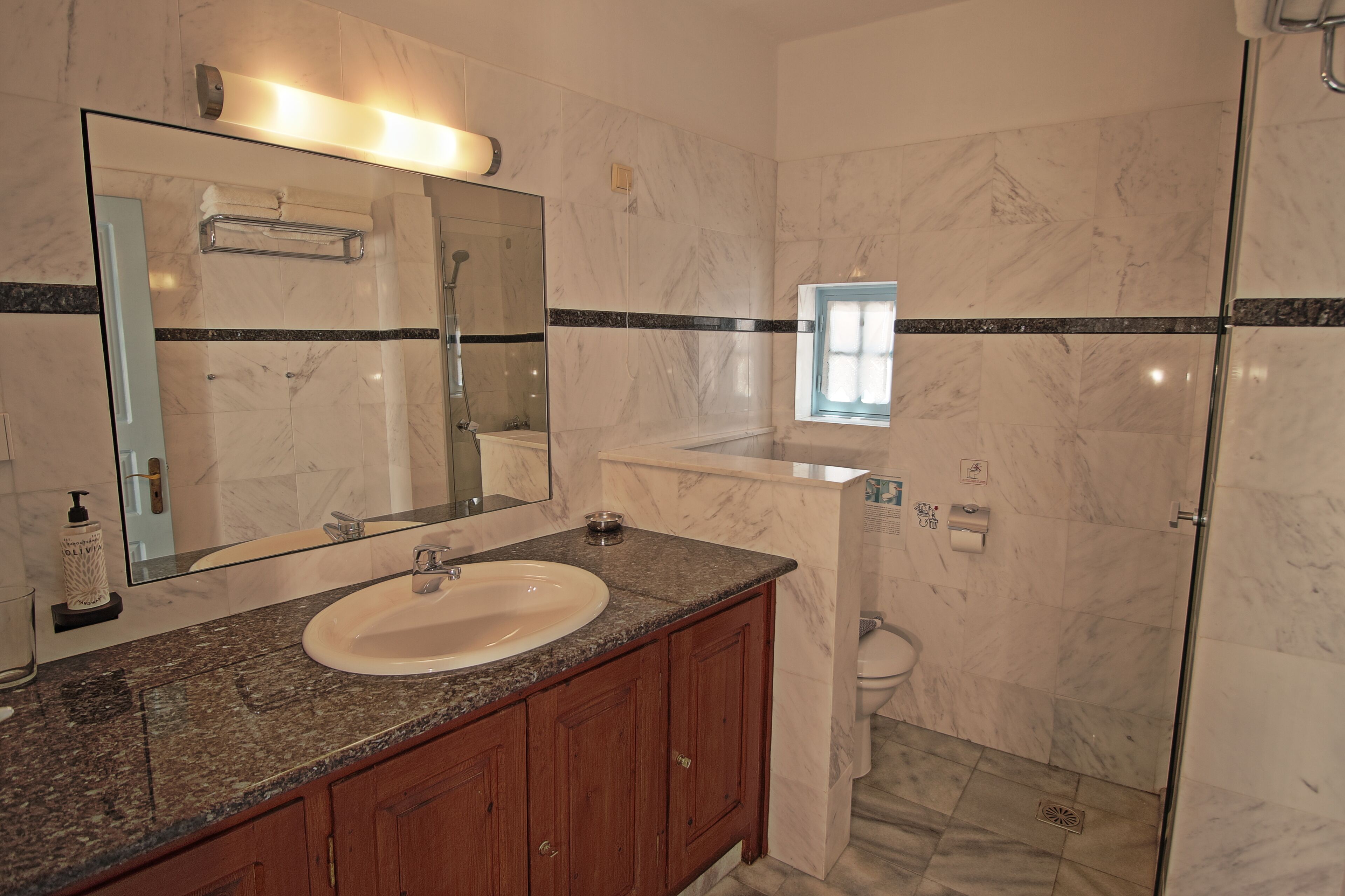 A bathroom with a marble sink, a large mirror, a glass shower enclosure, and a toilet.