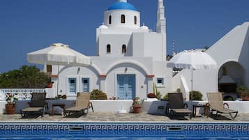 Outdoor pool, open 9:30 AM to 8:30 PM, pool umbrellas, pool loungers