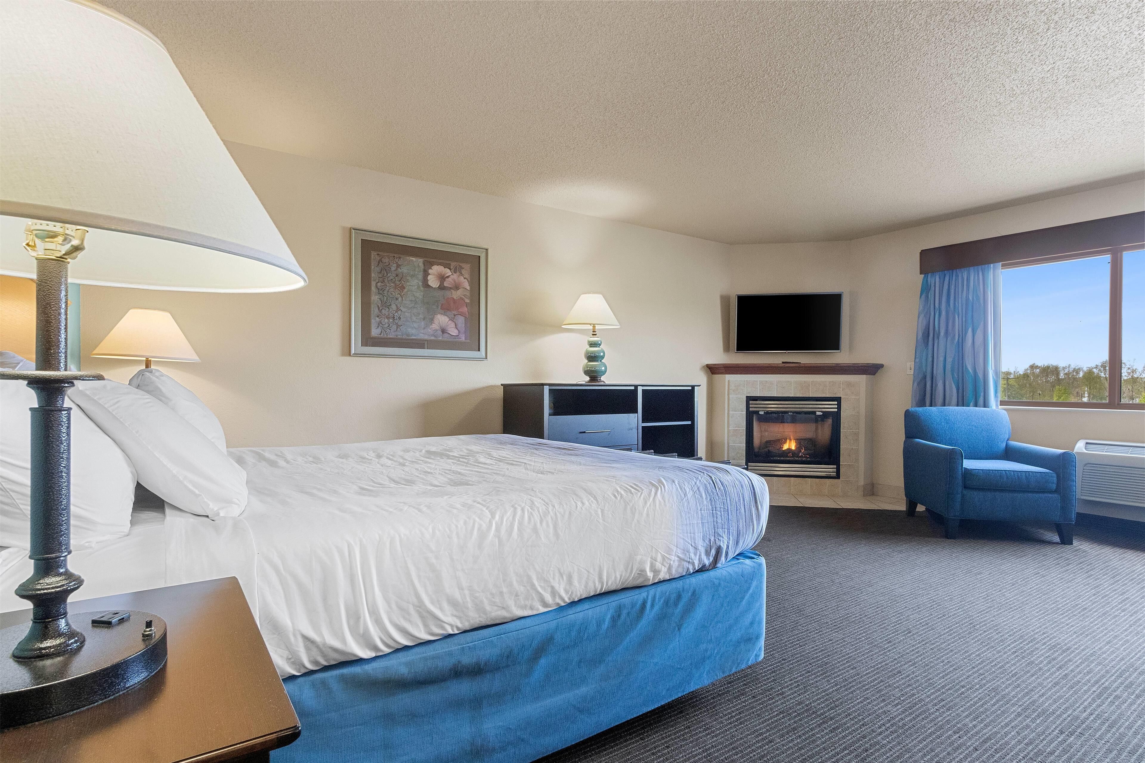 Habitación de hotel con cama, dos lámparas, televisor, chimenea y ventana con cortinas.
