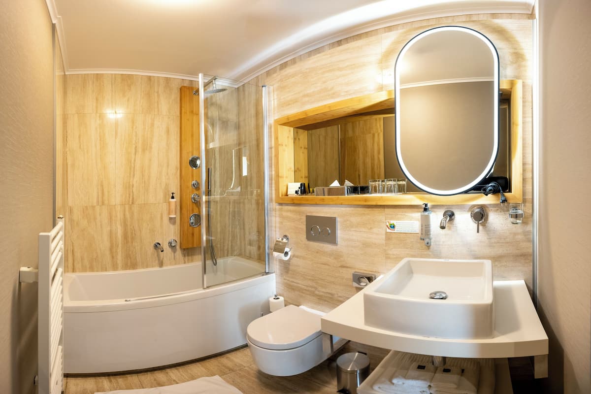 combined shower/bathtub, free toiletries, hair dryer, bathrobes