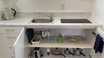 Fridge, microwave, electric kettle, toaster