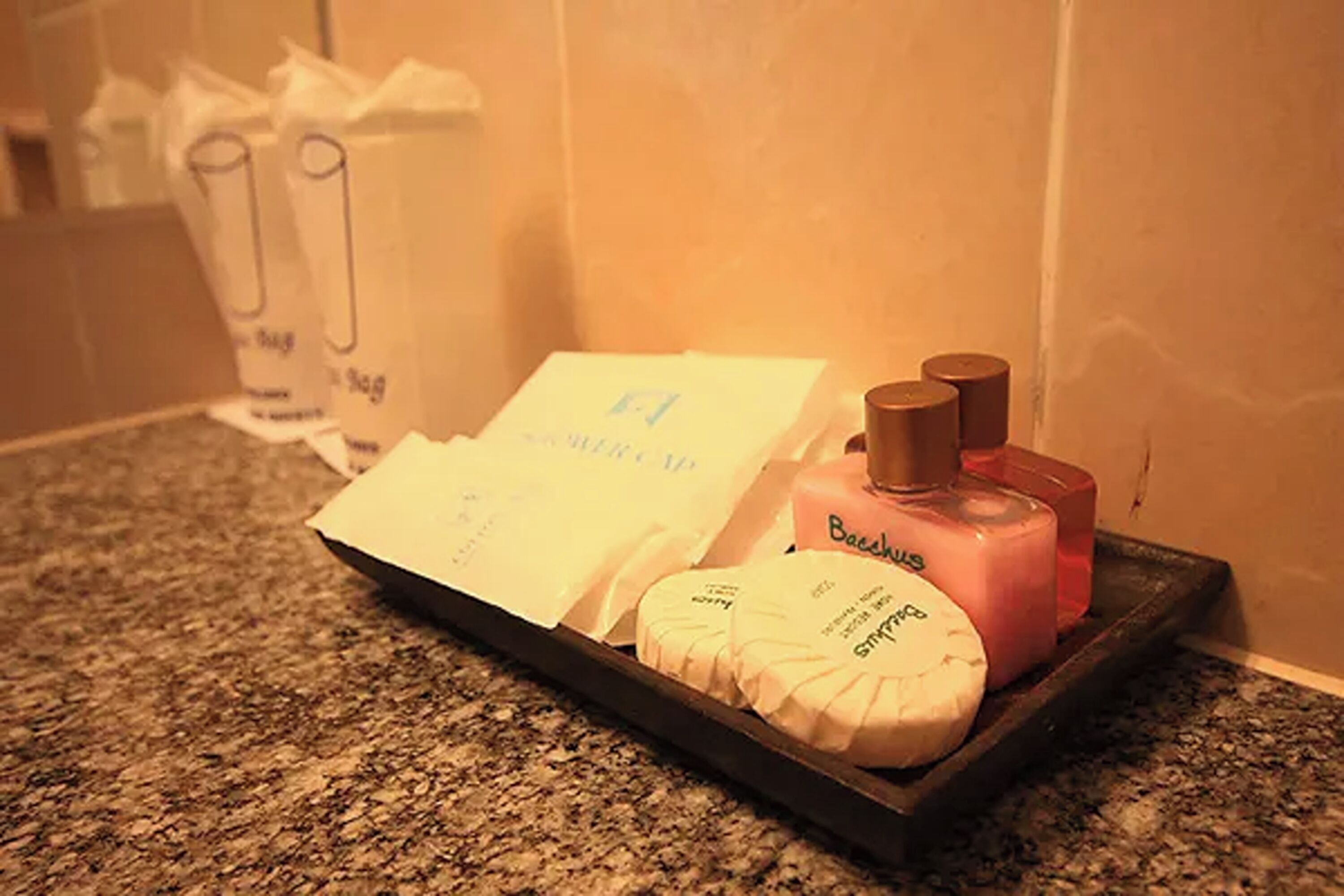 Un plateau contenant des articles de toilette, posé sur un comptoir en granit.