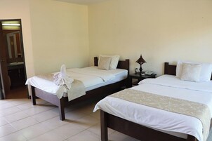 Escritorio, cortinas opacas, camas supletorias y ropa de cama