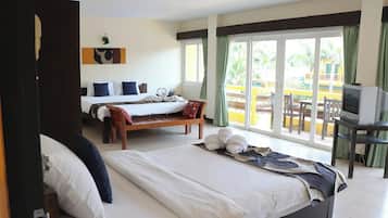 Desk, blackout curtains, rollaway beds, bed sheets