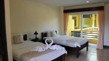 Desk, blackout curtains, rollaway beds, bed sheets