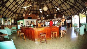 Zona de bar con mostrador de madera, taburetes y ventiladores de techo.