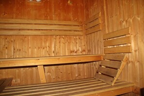 Relax in a cozy sauna room with individual or shared seating.