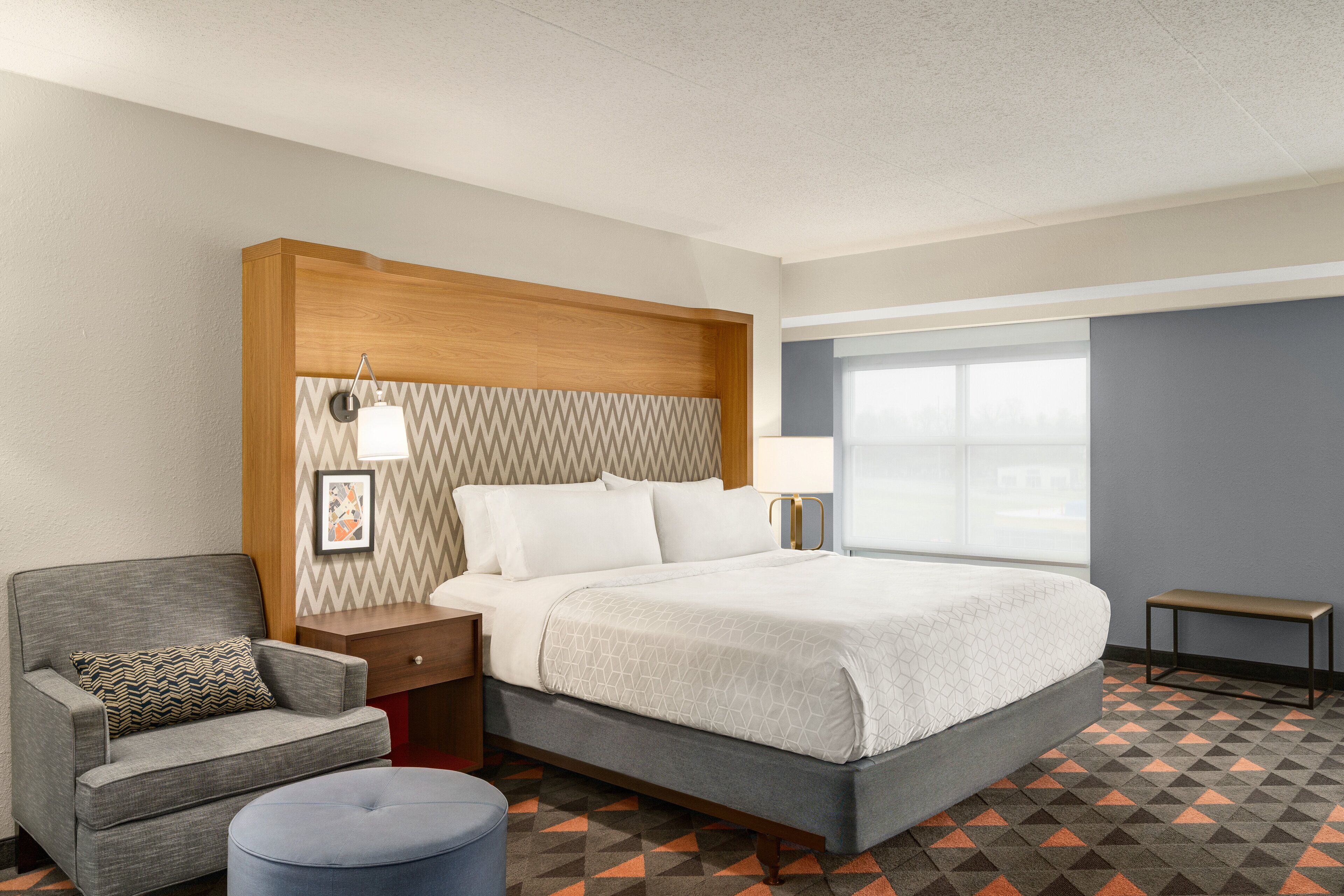 desk, laptop workspace, blackout curtains, iron/ironing board