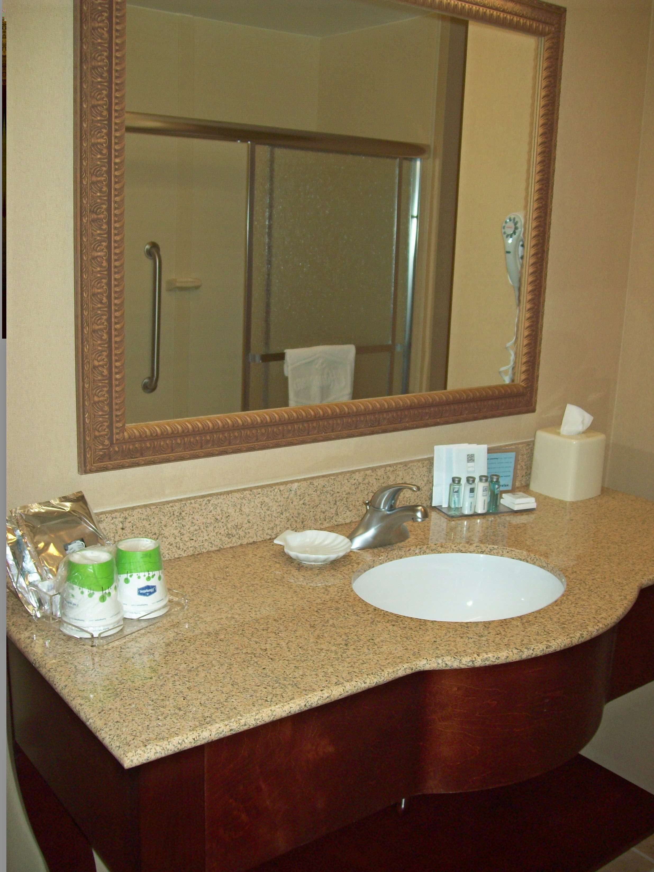 A bathroom with a granite countertop, a white sink, a large mirror, and toiletries.