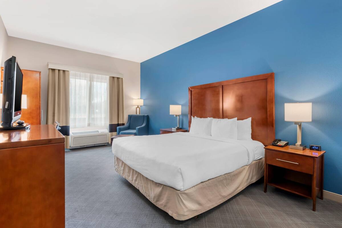 A hotel room with a large bed, a desk with a TV, a chair, and a desk lamp.