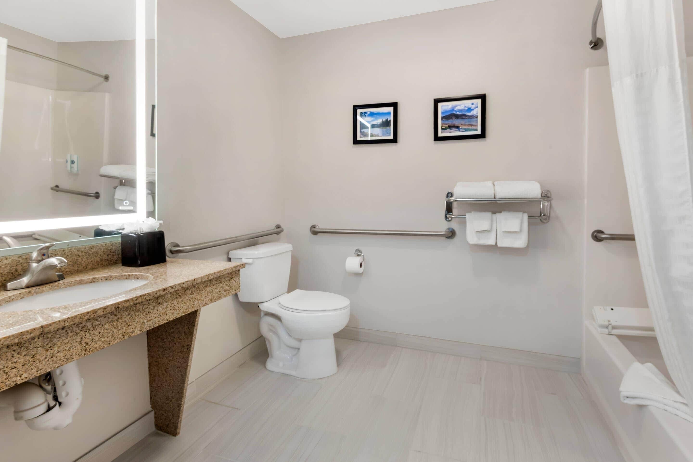 Un baño moderno con lavamanos de granito, inodoro blanco, ducha con puerta de vidrio y dos cuadros enmarcados en la pared.