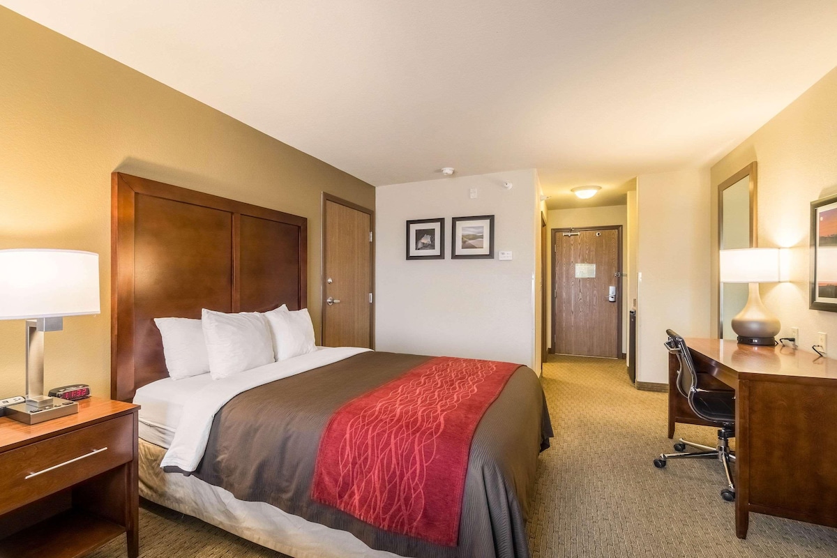 A hotel room with a bed, a desk, a chair, and a lamp.