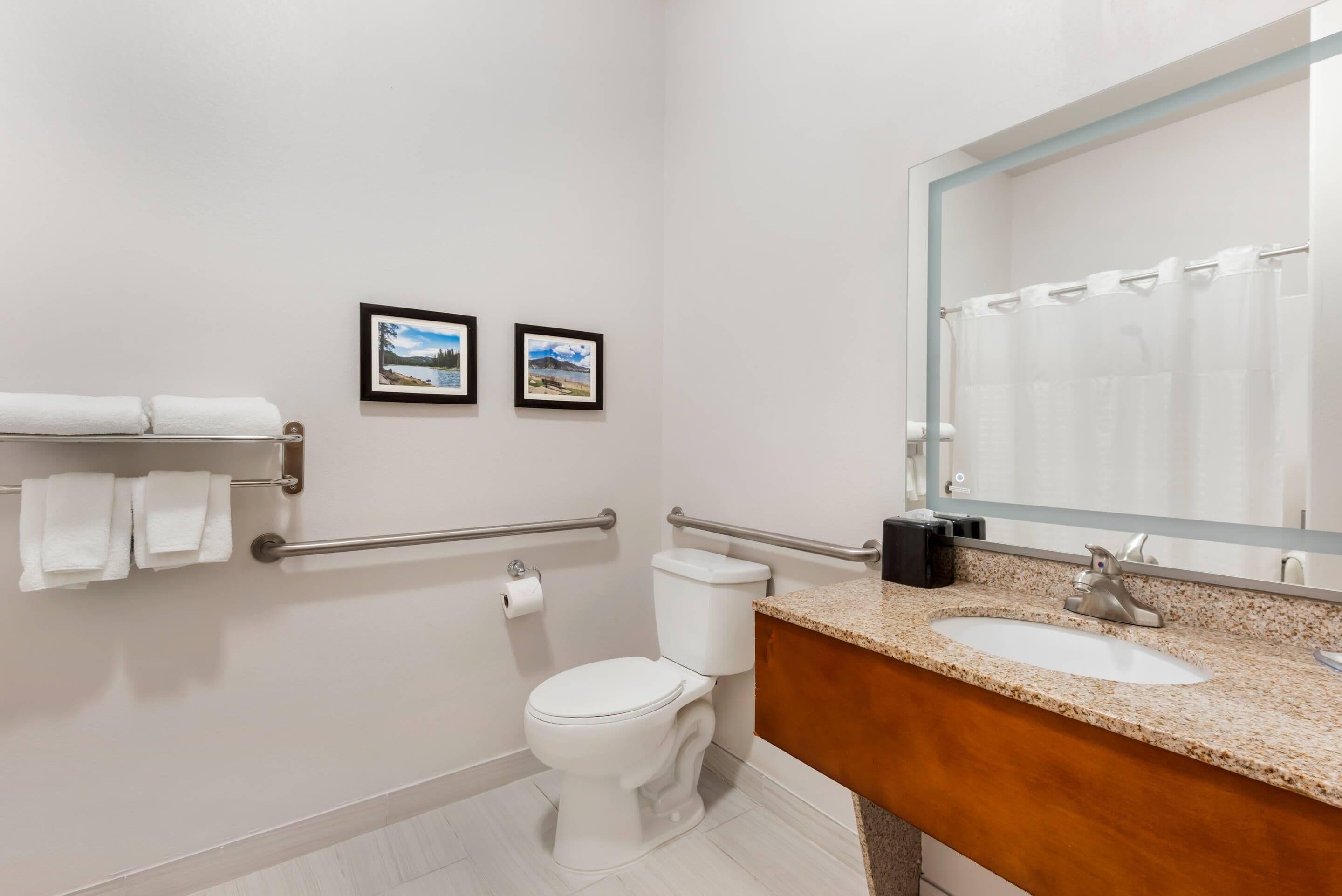 Un baño moderno con un inodoro blanco, un lavamanos con encimera de granito y un espejo grande encima. Hay dos cuadros enmarcados en la pared y un perchero con toallas.