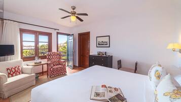 A hotel room with a bed, a chair, a desk, a television, a ceiling fan, and a window with a view.