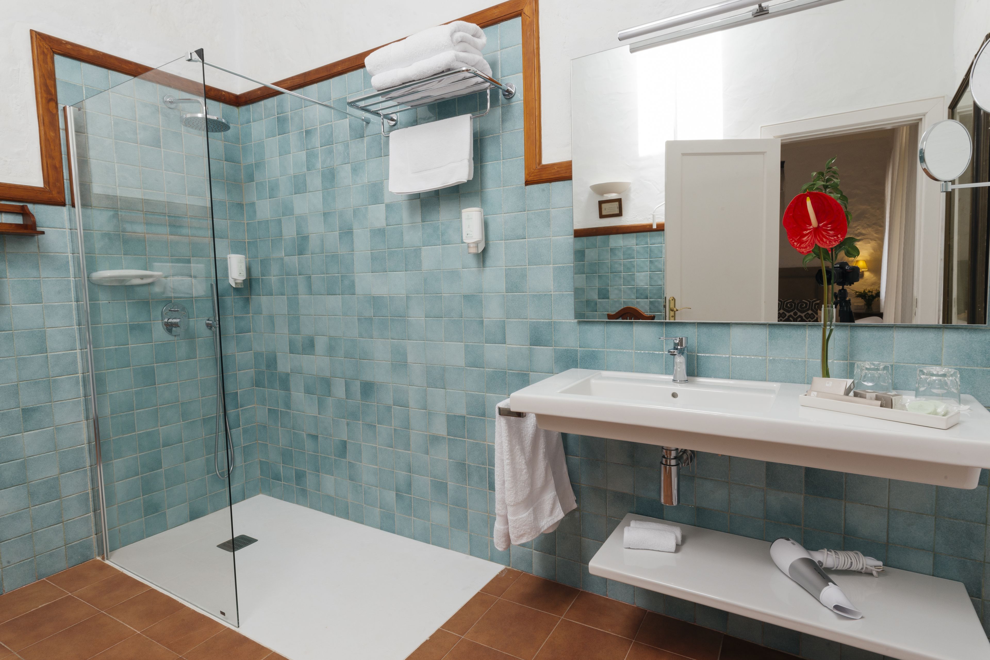 Un baño con cabina de ducha de vidrio, un lavabo blanco y un espejo.