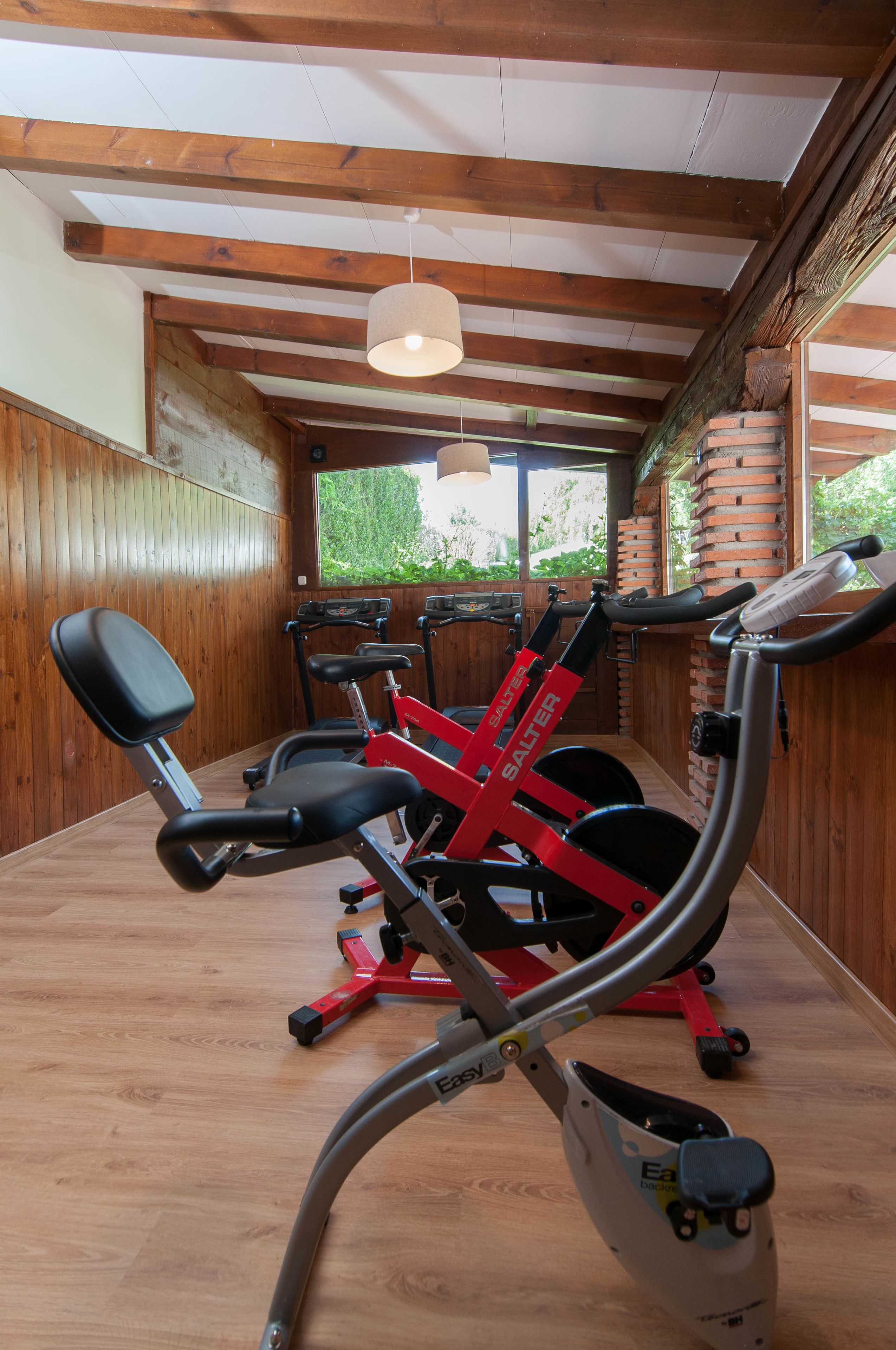 A gym with exercise equipment, wooden walls, and a window with a view of greenery.