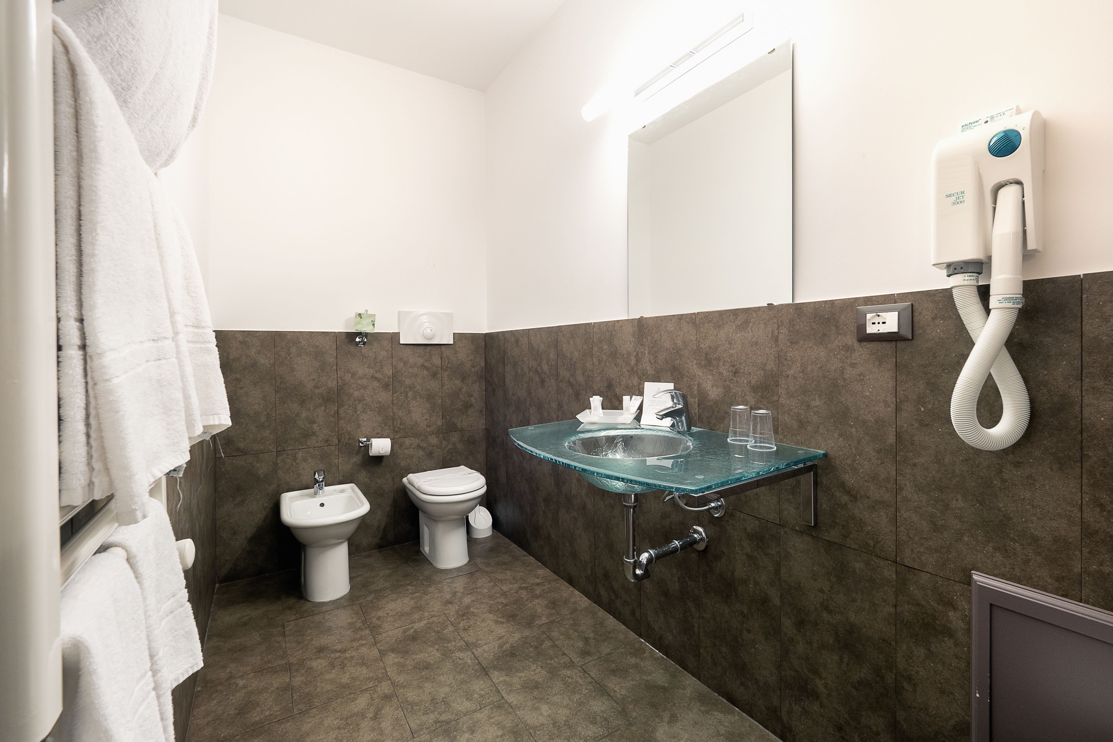 A bathroom with a glass sink, a bidet, and a towel rack.