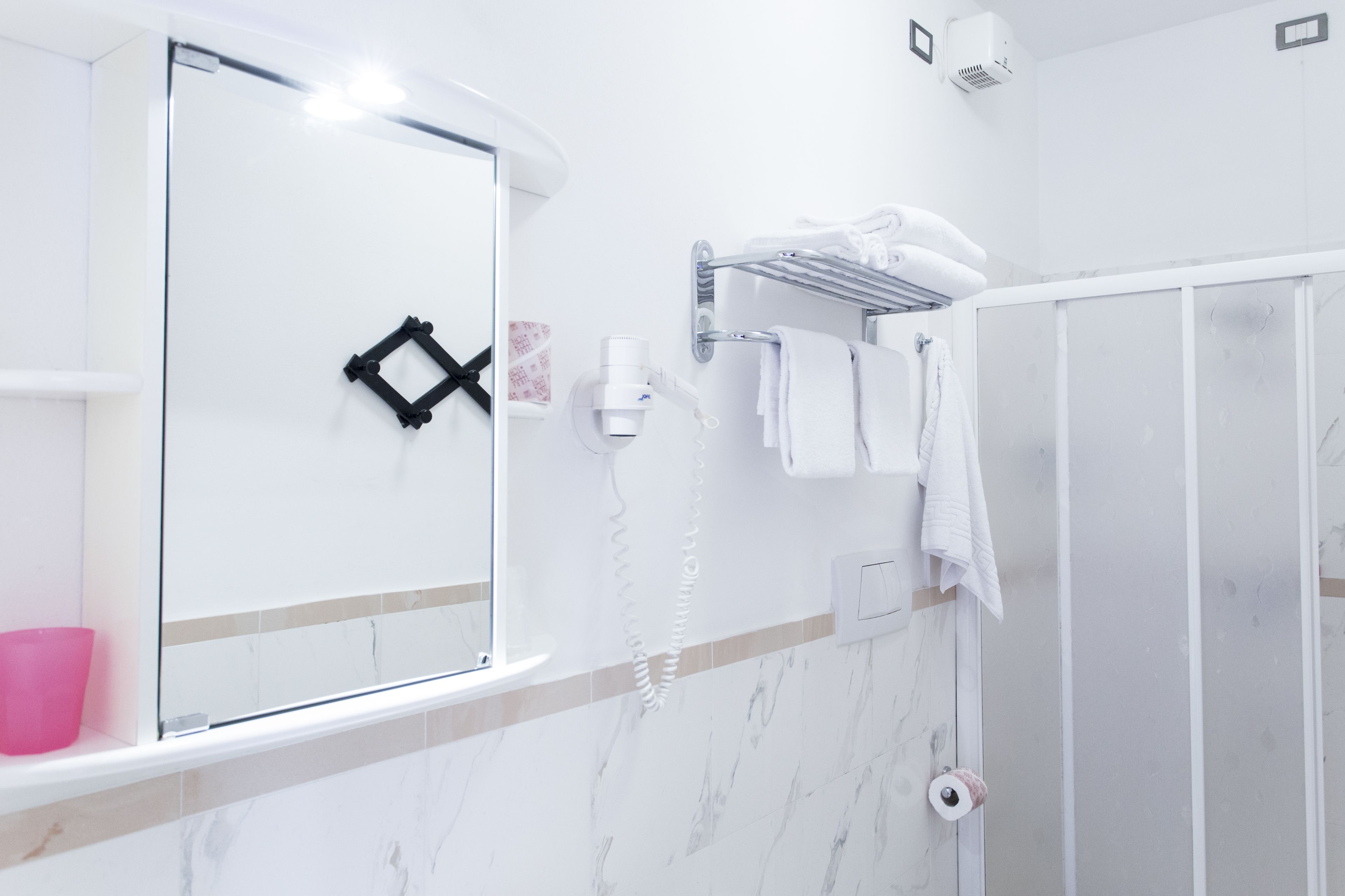 shower, hair dryer, bidet, towels