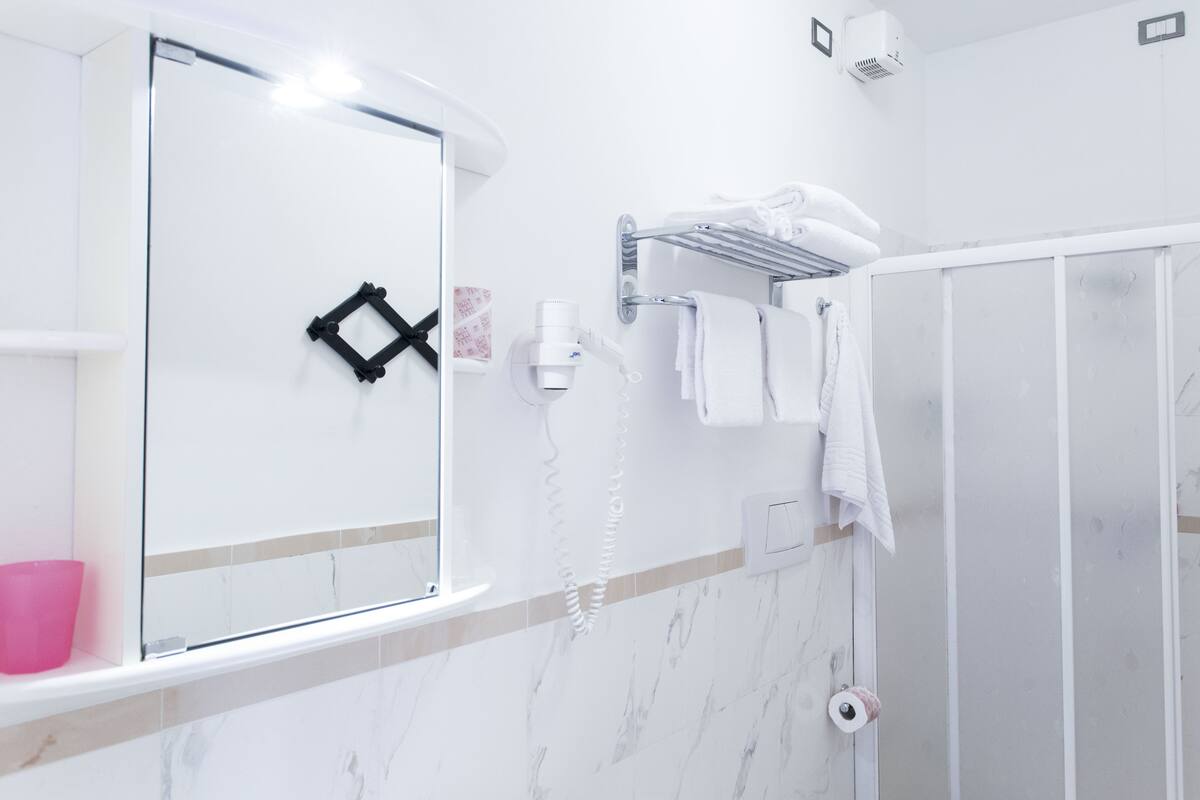 shower, hair dryer, bidet, towels