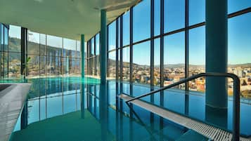 Indoor pool, outdoor pool, sun loungers