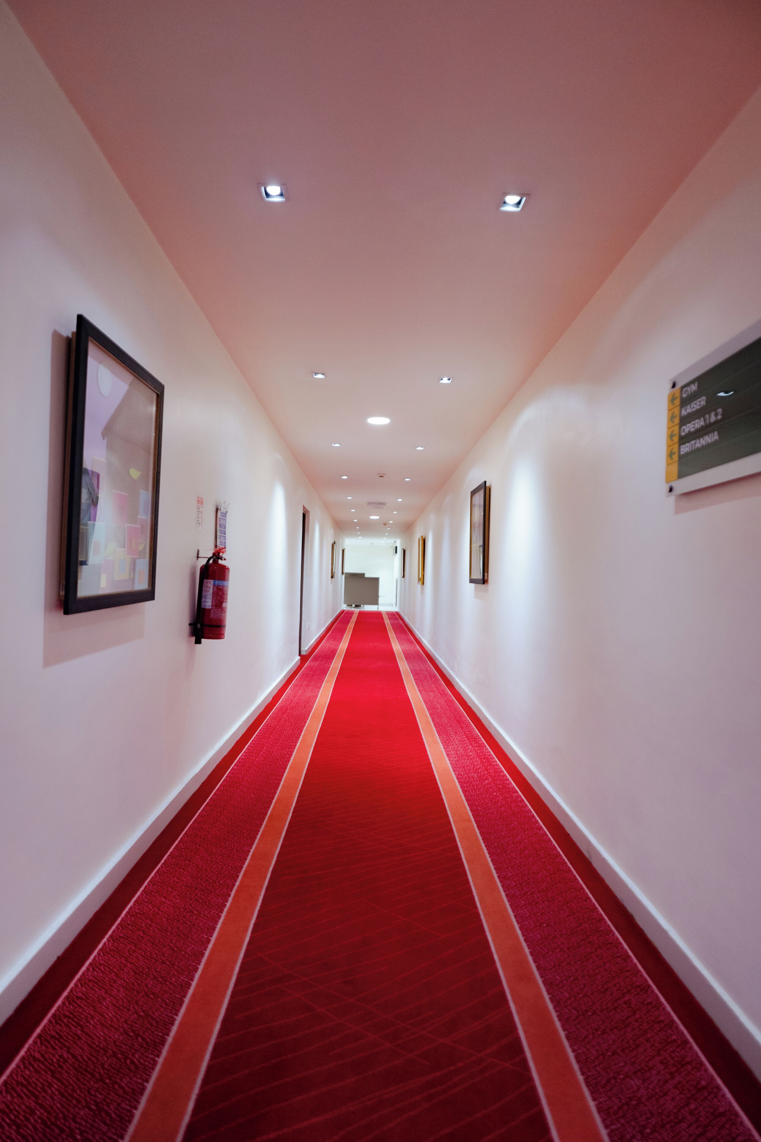 Un couloir avec un tapis rouge, des murs blancs, des tableaux encadrés et un panneau indiquant les types de chambres.