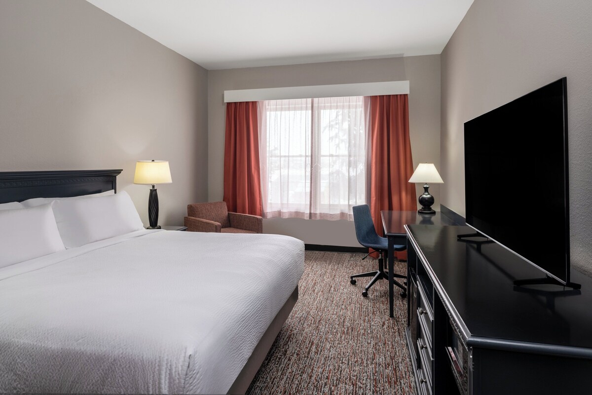 Habitación de hotel con una cama grande, un escritorio con televisor de pantalla plana, dos sillas, una lámpara y una ventana con cortinas.