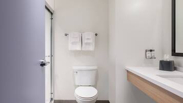 Un baño moderno con inodoro, toallero con dos toallas, lavamanos con dispensador de jabón y espejo.