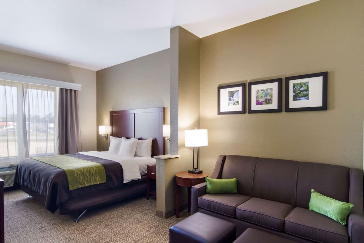 A hotel room with a bed, a sofa, a lamp, and framed pictures on the wall.