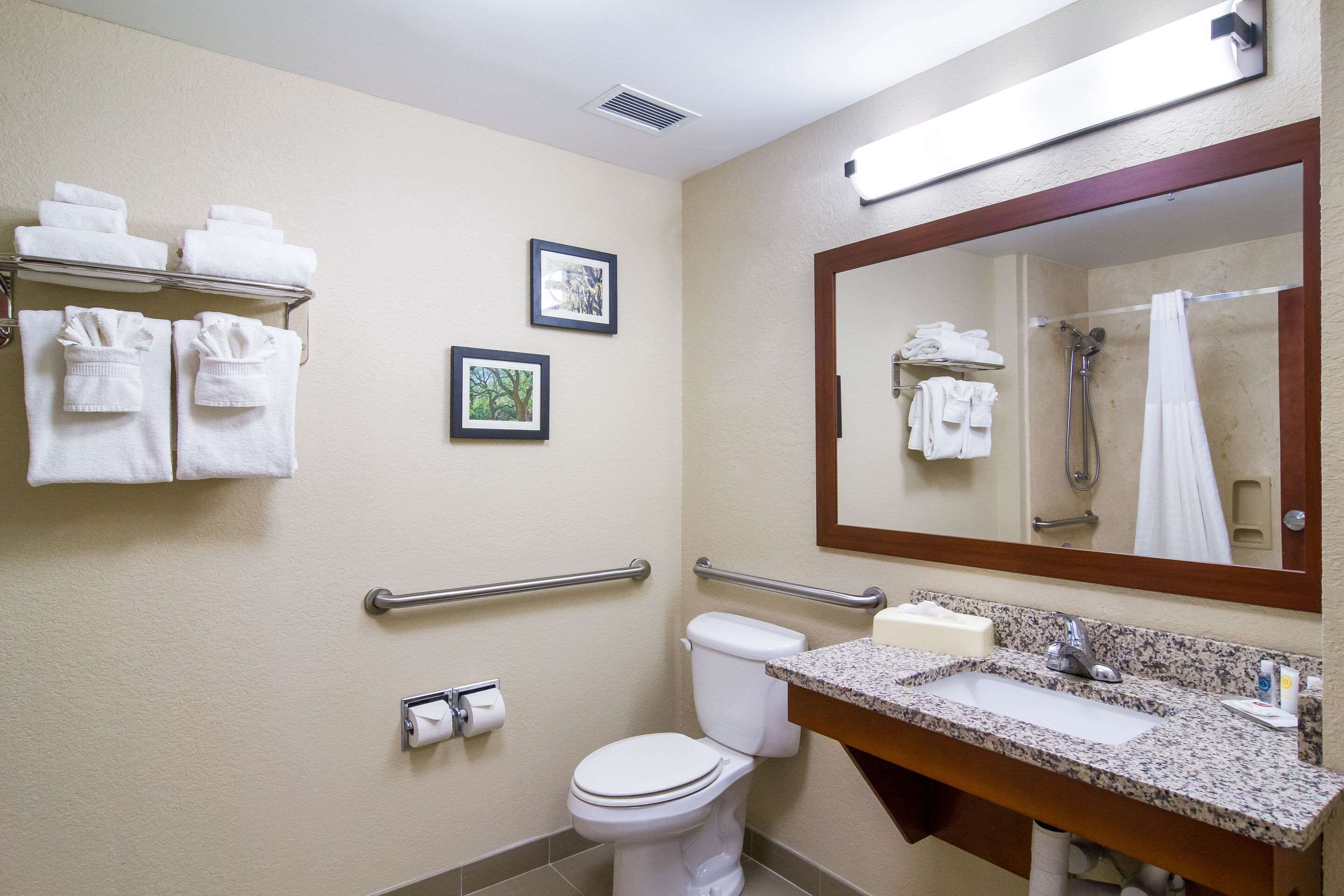 suite, 1 king bed with sofa bed, accessible, non smoking | bathroom | combined shower/bathtub, hair dryer, towels