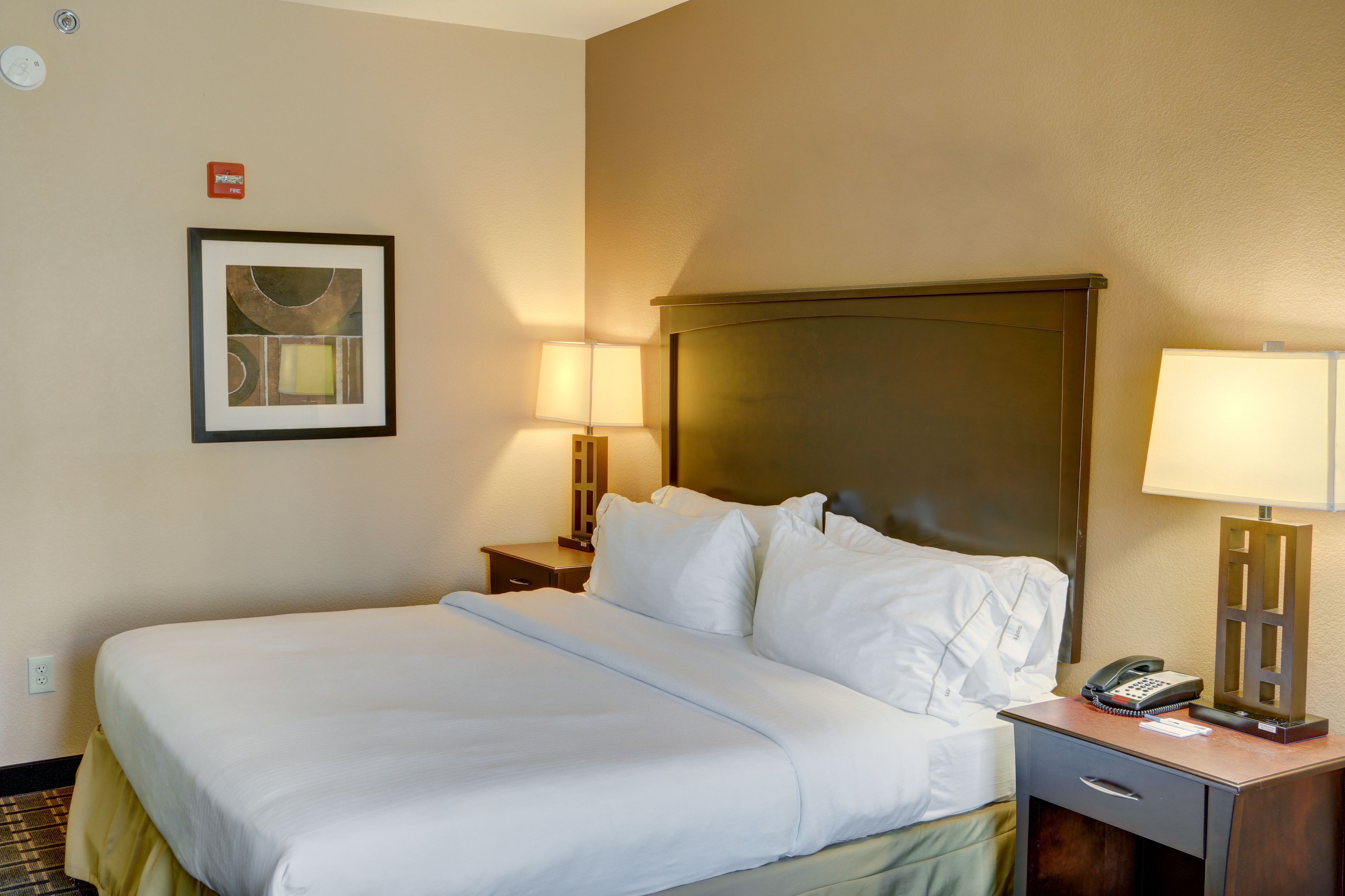 Una habitación de hotel con una cama grande, dos mesitas de noche, una lámpara y un cuadro en la pared.